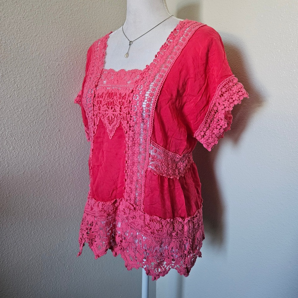 Johnny Was Pink Crochet Lace Boho‎ Blouse